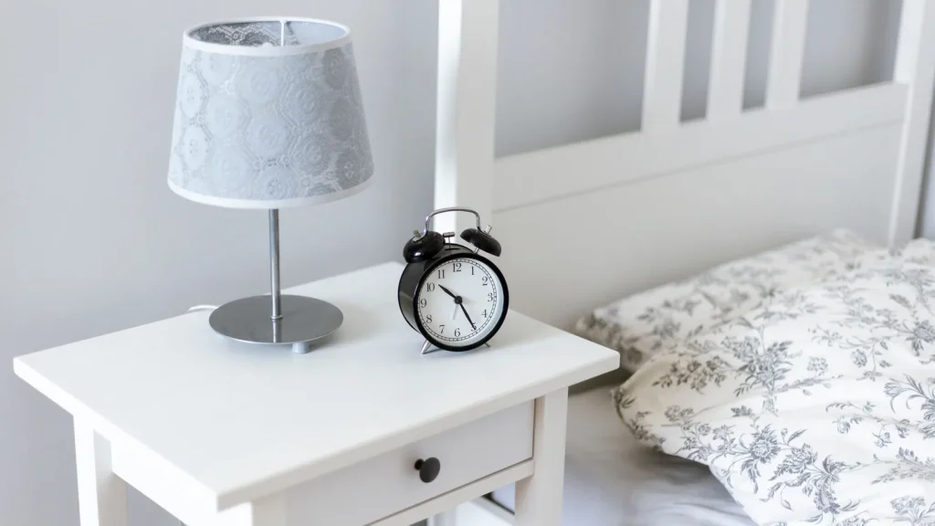 Table de chevet avec lampe et réveil à côté d'un lit pour un rythme de sommeil régulier