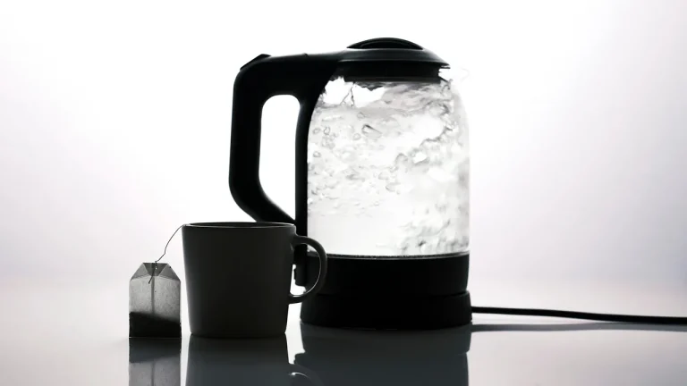 Une bouilloire électrique en verre pleine d'eau chaude